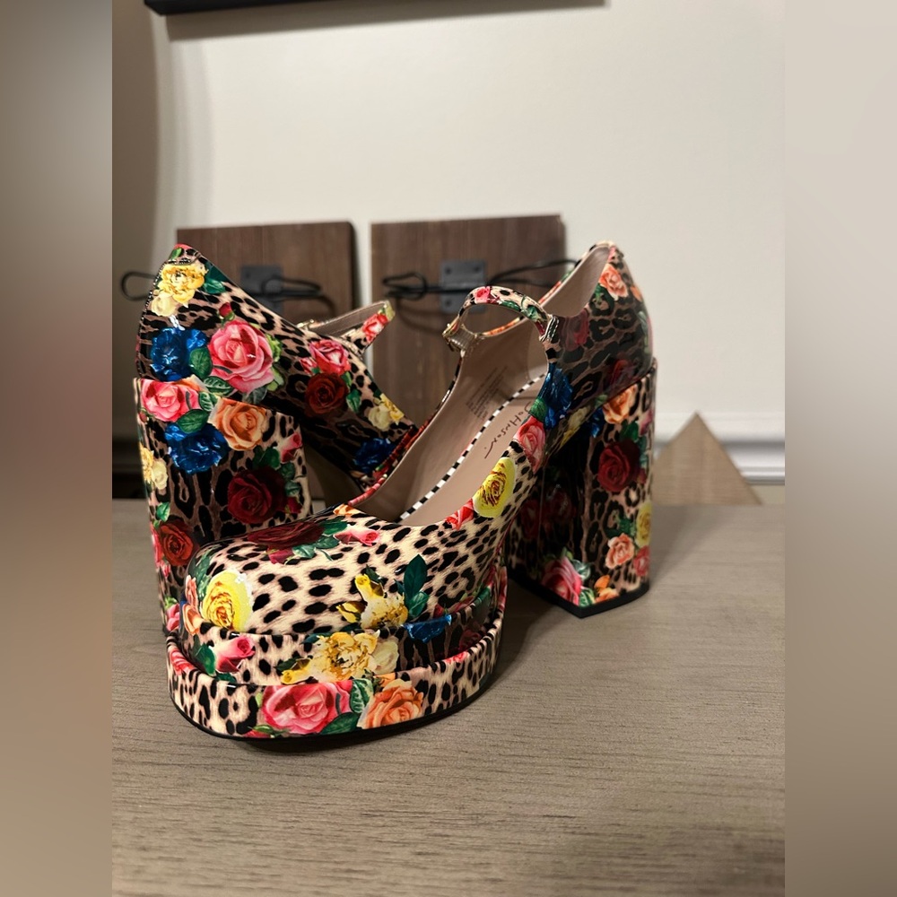 Platform Mary Jane Heels - Floral & Leopard Print in Multicolor